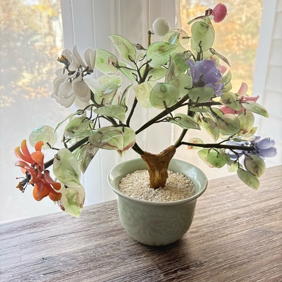 Vintage Jade Gemstone Bonsai Tree Rose Quartz Agate Carnelian Hand-carved Floral - Picture 5 of 15